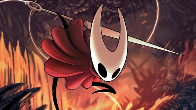 Головний герой гри Hollow Knight зі зброєю. Це мультяшна фігурка комахи в червоному плащі, яка тримає цвях. На задньому плані полум'я палає в лісі
