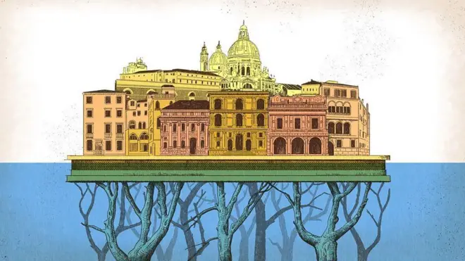 Ilustração de uma cidade sobre a água suportada por imensos galhos. 