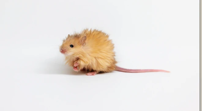 A mouse with 5cm long orange hair on its hind legs looking a little nerveous