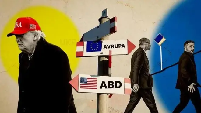 تصویرسازی، دو مسیر در جهت مخالف هم، یک طرف ترامپ با علامت فلش و پرچم آمریکا روی آن، یک طرف علامت فلش اتحادیه اروپا، زلنسکی و یک مرد دیگر