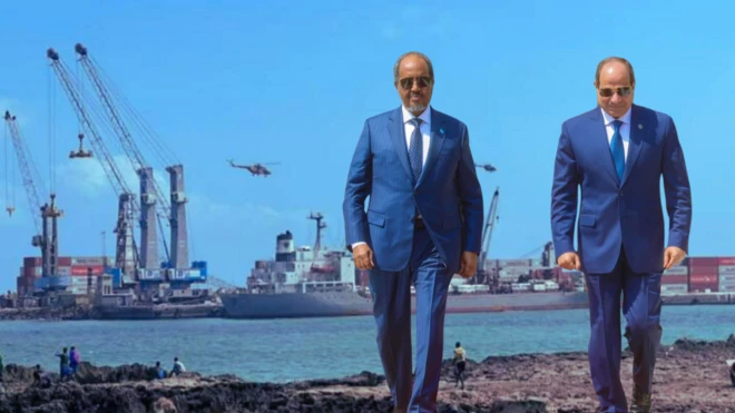 ሁለቱ ፕሬዝዳንቶች እና የሞቃዲሾ ወደብ ከጀርባቸቸው