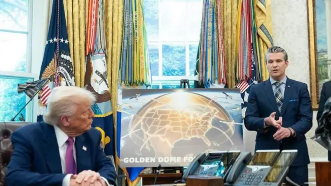 अमेरिकेचे संरक्षण सचिव पीट हेगसेथ गोल्डन डोमबद्दल माहिती देताना