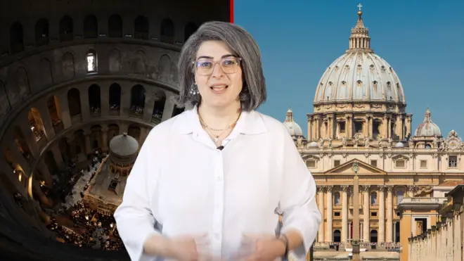 على اليمين يظهر الفاتيكان وعلى اليسار كنيسة القيامة