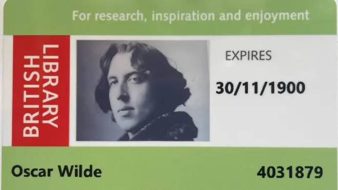 A modern British Library readers card showing Oscar Wilde's photo and name, and an expiry date 30/11/1900