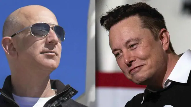 Jeff Bezos standing in front of one of Blue Origin's rockets and Elon Musk in front of a SpaceX craft