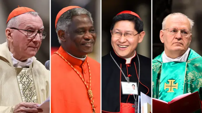 被視為下任教宗熱門人選的彼得羅·帕羅林、彼得·圖爾克森、路易斯·塔格萊、彼得·埃爾多。