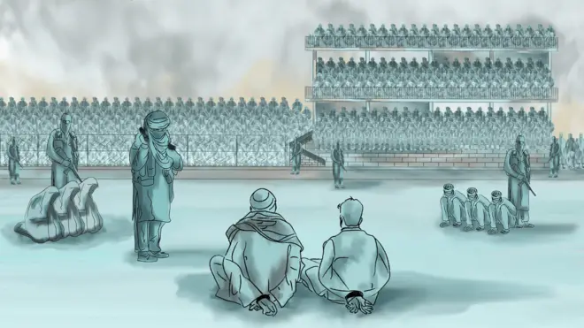 사람들로 가득 찬 축구 경기장 한가운데서 손이 묶인 채 앉아있는 사람들과 이들을 지키는 탈레반 대원들의 모습