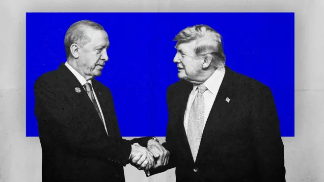 İllüstrasyon: Erdoğan ve Trump el sıkışıyor, arka plan lacivert