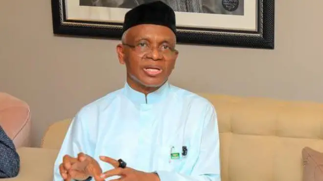 Foto of Nasir El-Rufai, former govnor of Kaduna States wey wear black cap and light blue top sidon on top brown chair