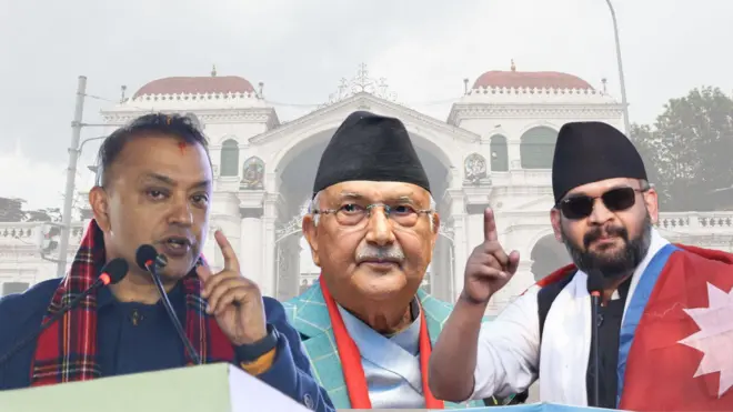 गगनकुमार थापा केपी ओली र बालेन शाहको कोलाज तस्बिर
