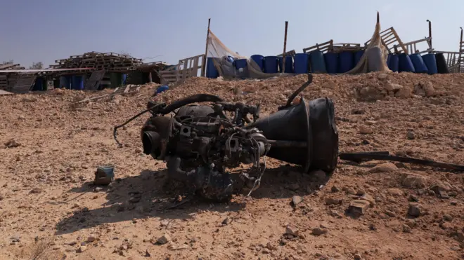 e remains of a rocket booster that, according to Israeli authorities critically injured a 7-year-old girl, after Iran launched drones and missiles towards Israel, near Arad, Israel, April 14, 2024.