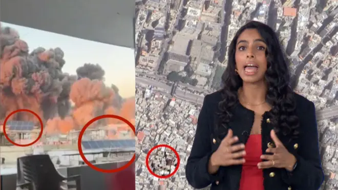 이스라엘의 공습 지점에 대해 설명하는 BBC 검증 전담팀의 메를린 토마스 기자