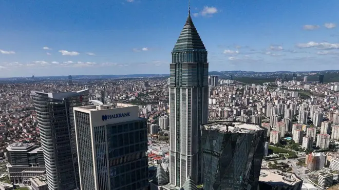 İstanbul Finans Merkezi'ndeki gökdelenler, öndeki Halkbank binası.
