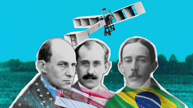 Ilustración con los hermanos Wright y Santos Dumont sobre paisaje con avión