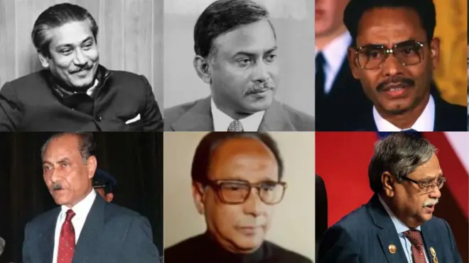 বাম থেকে ডানে, উপরের সারিতে - শেখ মুজিবুর রহমান, জিয়াউর রহমান, হুসেইন মুহম্মদ এরশাদ
বাম থেকে ডানে, নিচের সারিতে - সাহাবুদ্দিন আহমদ, মোঃ জিল্লুর রহমান, মোঃ সাহাবুদ্দিন