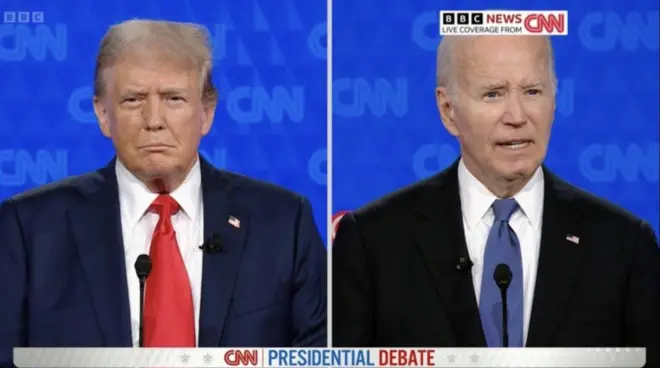 الرئيس الأمريكي جو بايدن (على اليمين) والرئيس الأمريكي السابق دونالد جيه ترامب (يسار) يشاركان في المناظرة الأولى للانتخابات الرئاسية لعام 2024