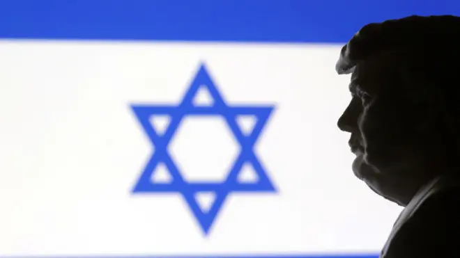 يُظهر الرسم التوضيحي نموذجاً مصغراً مطبوعاً ثلاثي الأبعاد للرئيس الأمريكي المنتخب دونالد ترامب وإسرائيل