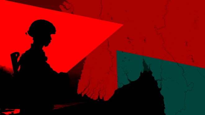 Image of soldier with red filter and map of Myanmar in the background