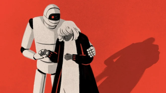 Рисунок, где робот, поддерживая, ведет пожилую женщину