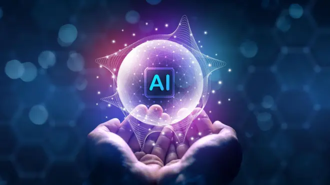 تصویرسازی ، دو دستی که در آن حبابی قرار دارد روی آن نوشته هوش مصنوعی