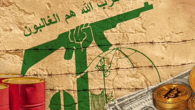 Composite graphic showing red barrels, an image of a gun next to a gate in green, a barbed wire fence, US dollar bills and gold coins with 'B' engraved on them