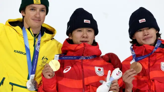 3人が横に並んでいる。赤いウエアの戸塚と山田は右手でメダルを持っている。黄色いウエアのジェイムズは笑顔を見せている