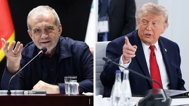 Composite image of Masoud Pezeshkian and Donald Trump both speaking at microphones