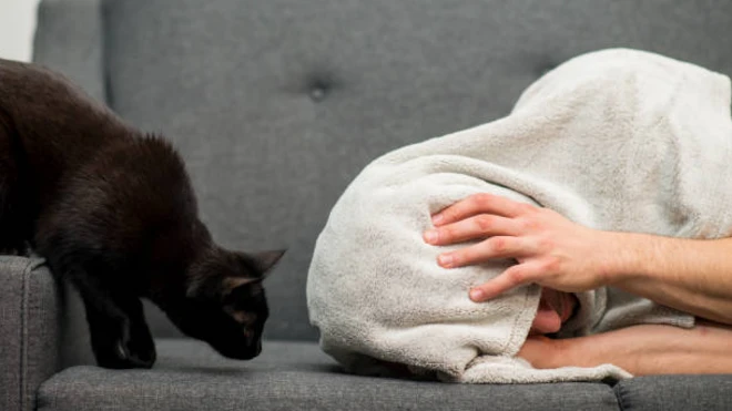 รูปคนคลุมหัวกับแมวดำ