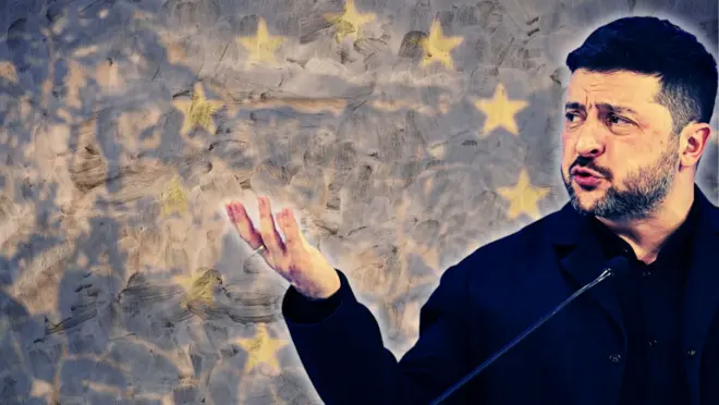 Колаж - Зеленський з піднятою рукою на тлі прапора ЄС на стіні з облізлою фарбою