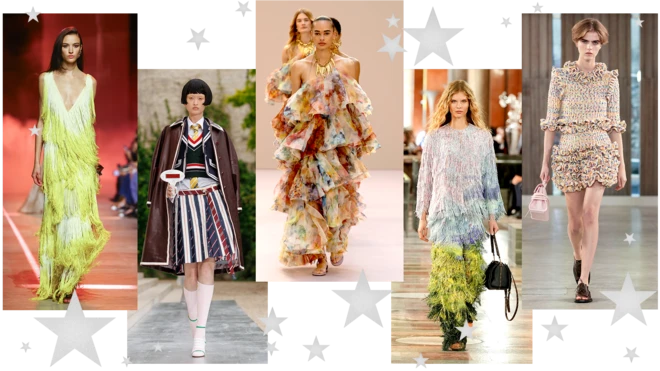 태슬 장식의 초록색 브이넥 드레스를 입은 모델(왼쪽부터), 줄무늬 주름 미디 길이 치마에 셔츠와 넥타이, 민소매 상의와 재킷을 매치하고 갈색 가죽 코트를 어깨에 걸친 모델, 어깨를 드러낸 러플 장식의 다채로운 색감 드레스 차림의 모델, 파랑과 초록이 자연스럽게 이어지는 태슬 장식의 전신 의상, 그리고 러플 장식의 여러 색 미니 치마와 7부 소매 상의를 입은 모델들이 무대를 걷고 있다.