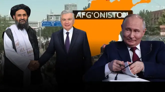 Tolibon vakili va Mirziyoyev uchrashuvi, Putin va xarita kollaji.