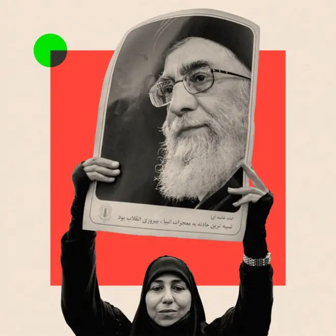 イランの最高指導者の肖像画を掲げるデモ参加者