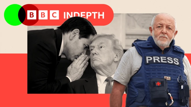 Trump image in frame showing Jeremy Bowen