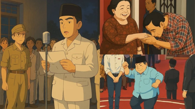 ChatGPT memproduksi gambar Presiden Sukarno saat membacakan teks proklamasi, Joko Widodo saat mencium tangan Megawati Sukarnoputri, dan Prabowo Subianto saat berjoget dalam debat calon presiden 2024. 