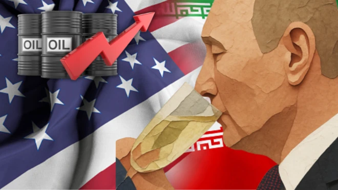 колаж: Путін пє шапанське на тлі прапорів США та Ірану і бочок з нафтою