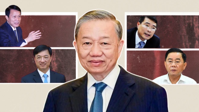 Trong hình là các ông Tô Lâm (vị trí trung tâm), Lương Tam Quang (hàng trên, bên trái), Nguyễn Duy Ngọc (hàng dưới, bên trái), Lê Minh Hưng (hàng trên, bên phải) và Trần Cẩm Tú (hàng dưới, bên phải) 