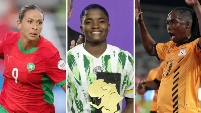 Un triptyque montrant la Marocaine Ibtissam Jraidi en tenue rouge, la Nigériane Rasheedat Ajibade en tenue verte et blanche avec un trophée doré représentant une footballeuse au sommet d'un contour du continent africain, et la Zambienne Barbra Banda levant les bras en signe de victoire, vêtue d'un maillot orange.