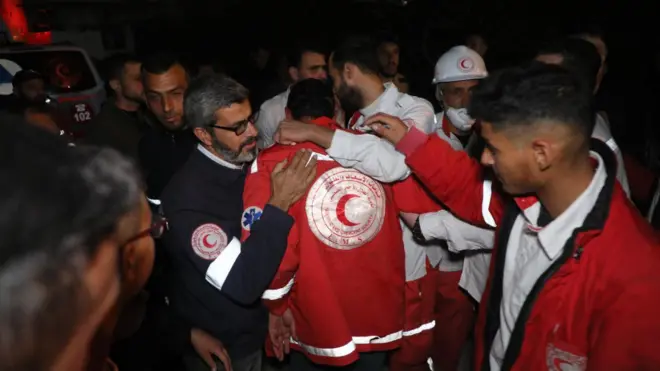 جانب من وداع قتلى مسعفي الهلال الأحمر الثمانية اليوم