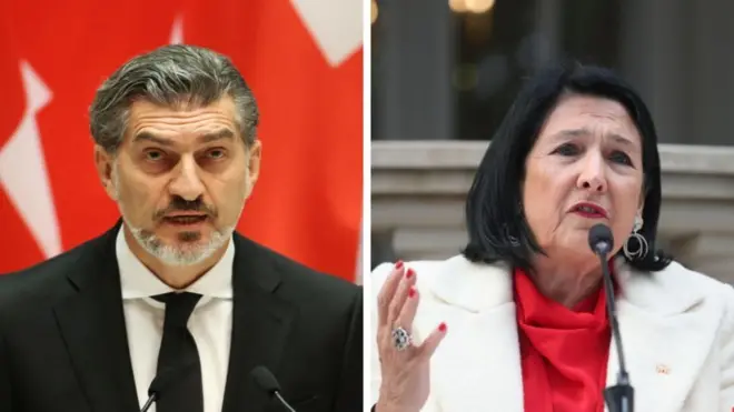 カヴェラシヴィリ新大統領（左）が29日に就任したものの、ズラビシヴィリ前大統領（右）はその正当性を認めず、退任を拒否している