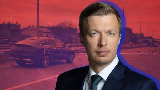 Колаж портрет Андрія Ніколаєнка і автомобіля на дорозі