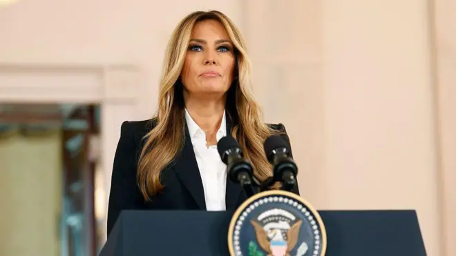 First Lady Melania Trump photographed during a press conference inside the White House
