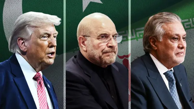 Коллаж из портретов Трампа, Галибафа и Дара на фоне пакистанского флага.