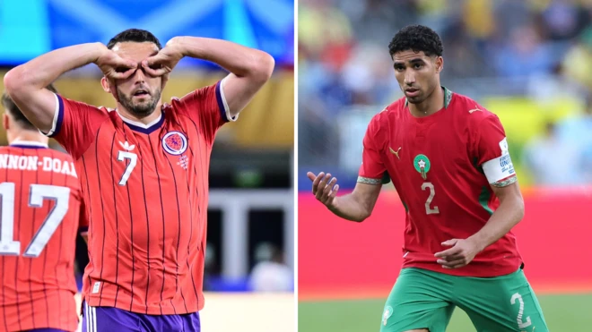 John McGinn (7) of Scotland dey celebrate afta e score a goal during dia 2026 FIFA World Cup match against Haiti
Achraf Hakimi (2) of Morocco dey run wit tdi ball during di FIFA World Cup 2026 match against Brazil