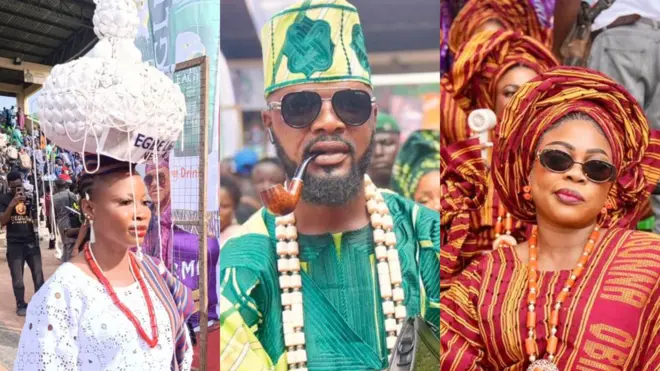 Obinrin kan wọn aṣọ funfun pẹlu ilẹ lọrun, o si gbe akeregbe funfun sori, ọkunrin kan wọ aṣọ ofi ati fila pẹlu koko lẹnu, nigba ti arabinrin kan naa wọ aṣọ ofi to rẹwa pẹlu ilẹkẹ lọrun