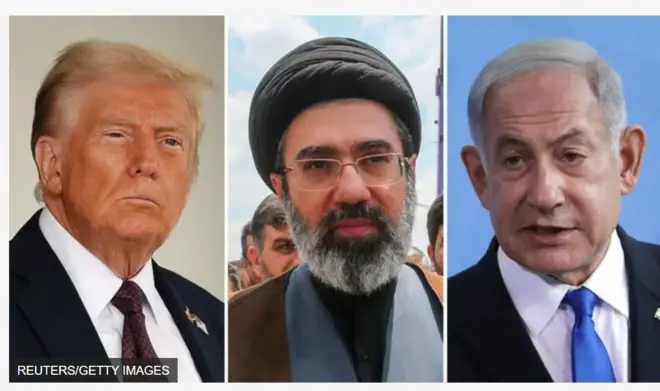 Aarẹ Donald Trump,Mojtaba Khamenei ati Benjamin Netanyahu.
