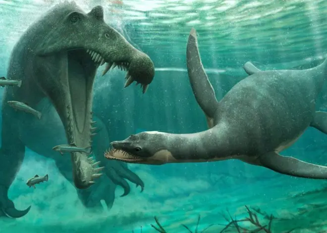 Illustration d'un plésiosaure échappant à un prédateur plus important