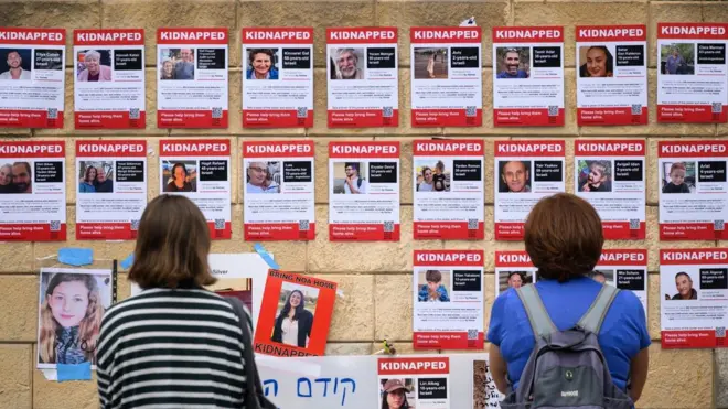 صورة تظهر بعضاً من أسماء وصور الرهائن الإسرائيليين معلقة على حائط.