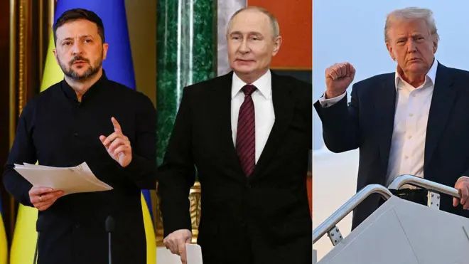 Президент Украины Владимир Зеленский, президент России Владимир Путин, президент США Дональд Трамп.