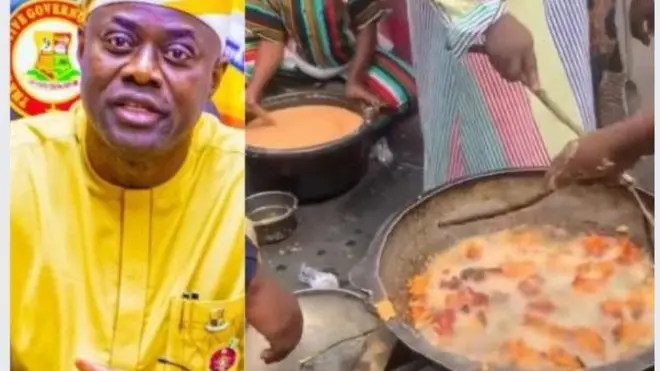 Gómìnà ìpínlẹ̀ Oyo, Seyi Makinde wọ aṣọ yẹlo, o de fila yẹlo ati funfun, ó ń wo ọ̀ọ́kán, nigba ti aworan to wa ni ẹgbẹ rẹ jẹ tawọn to n din akara ninu ororo lori apẹ irin ti wọn gbe ka ori ina.