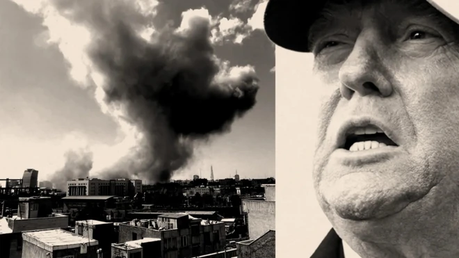 Коллаж из фото лица Трампа и столба дыма от взрыва в городе
